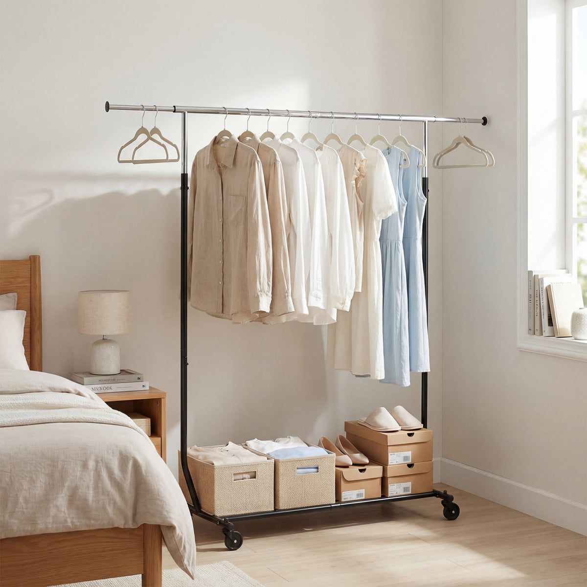 Rolling Clothes Rack Extendable Garment Stand for Hanging Clothes