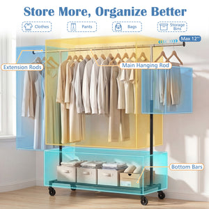 Rolling Clothes Rack Extendable Garment Stand for Hanging Clothes