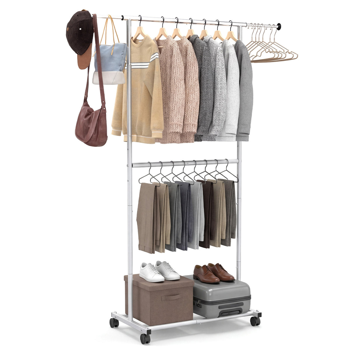 Rolling Clothes Rack Double-Rod Extendable Garment Stand for Hanging Clothes
