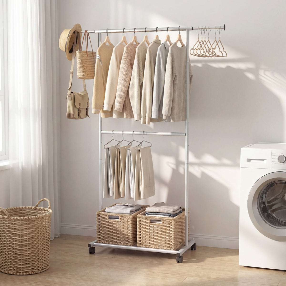 Rolling Clothes Rack Double-Rod Extendable Garment Stand for Hanging Clothes