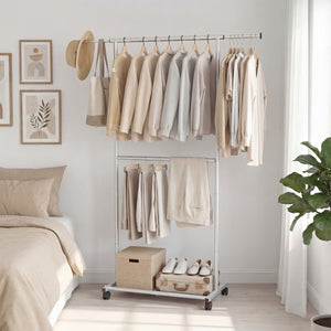 Rolling Clothes Rack Double-Rod Extendable Garment Stand for Hanging Clothes