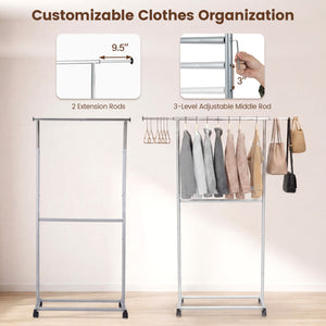 Rolling Clothes Rack Double-Rod Extendable Garment Stand for Hanging Clothes