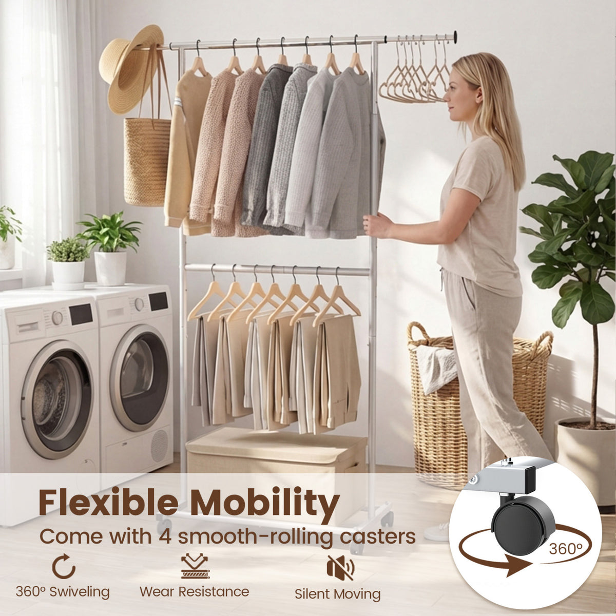 Rolling Clothes Rack Double-Rod Extendable Garment Stand for Hanging Clothes
