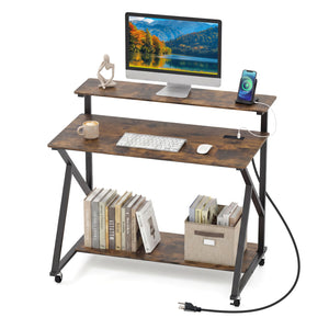 Rolling Computer Desk with Charging Station and Monitor Shelf Storage for Home Office-Rustic Brown