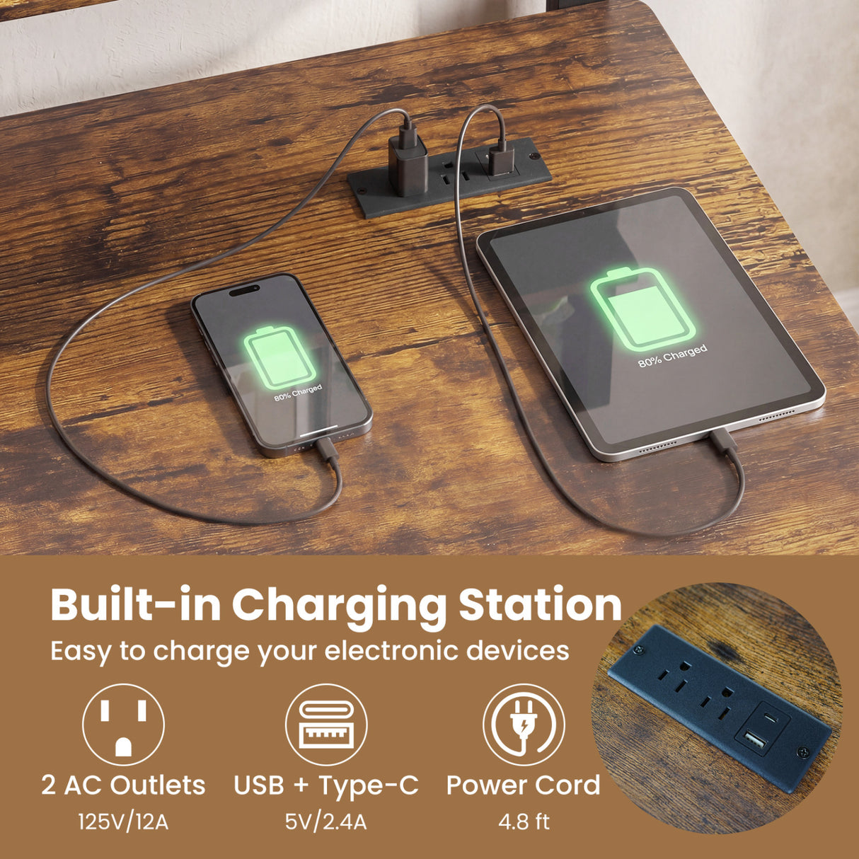 Rolling Computer Desk with Charging Station and Monitor Shelf Storage for Home Office-Rustic Brown