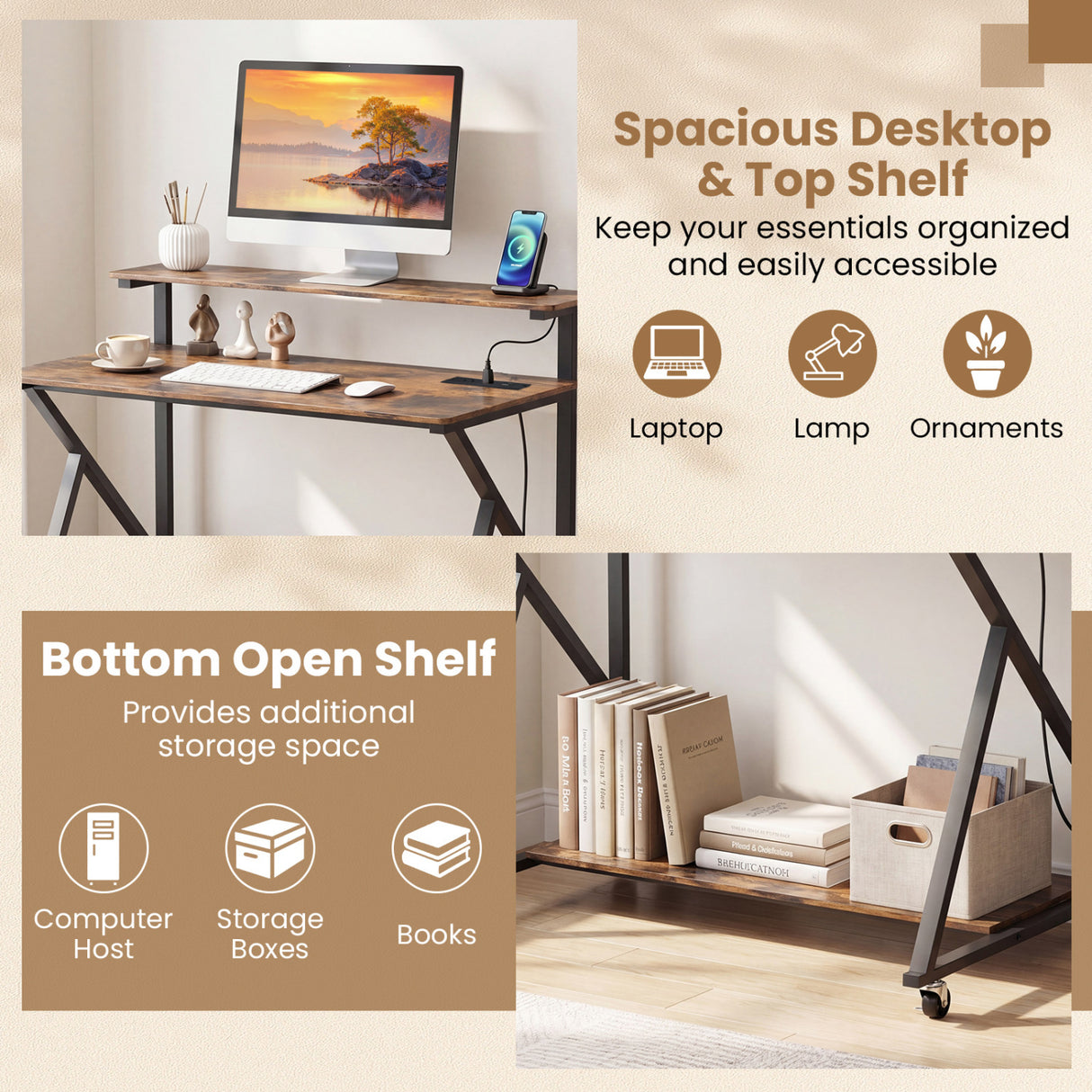 Rolling Computer Desk with Charging Station and Monitor Shelf Storage for Home Office-Rustic Brown