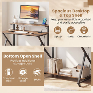 Rolling Computer Desk with Charging Station and Monitor Shelf Storage for Home Office-Rustic Brown