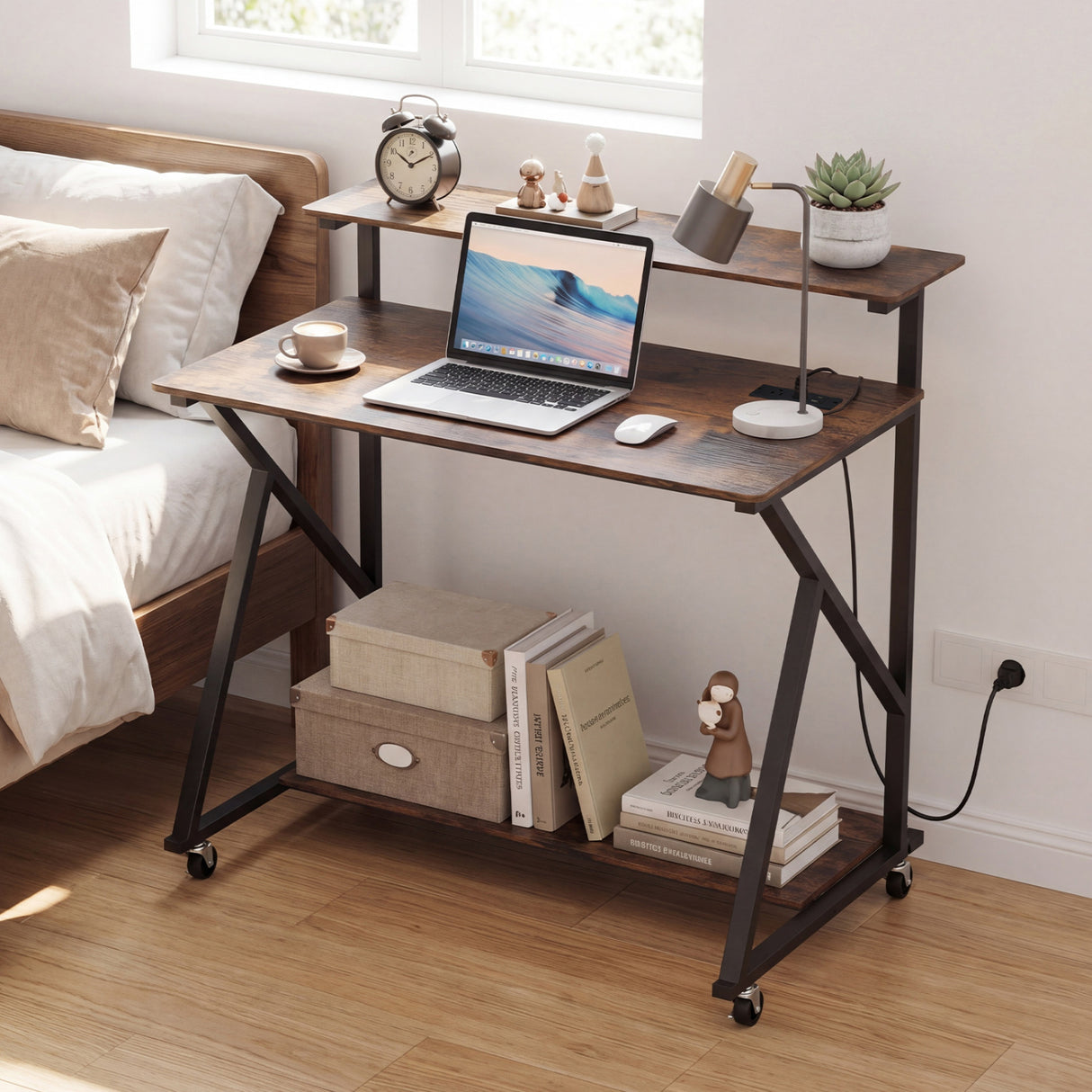 Rolling Computer Desk with Charging Station and Monitor Shelf Storage for Home Office-Rustic Brown