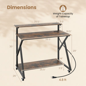 Rolling Computer Desk with Charging Station and Monitor Shelf Storage for Home Office-Rustic Brown
