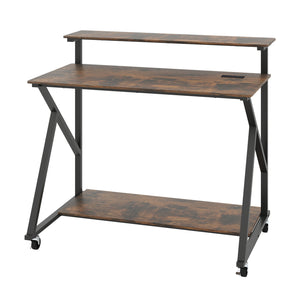Rolling Computer Desk with Charging Station and Monitor Shelf Storage for Home Office-Rustic Brown