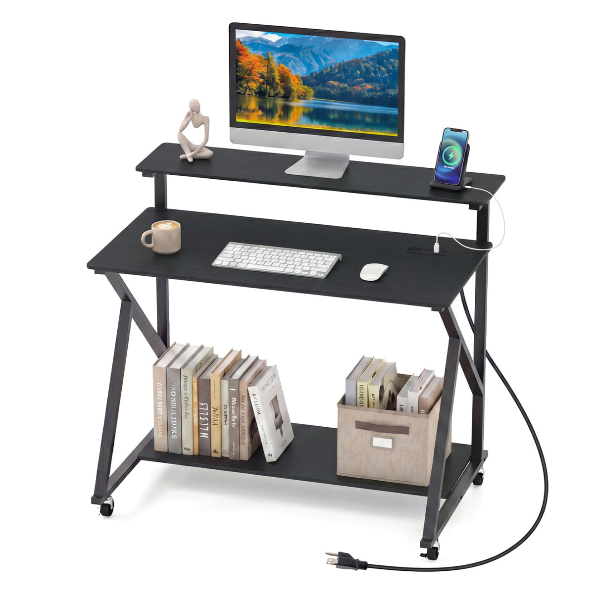 Rolling Computer Desk with Charging Station and Monitor Shelf Storage for Home Office-Black