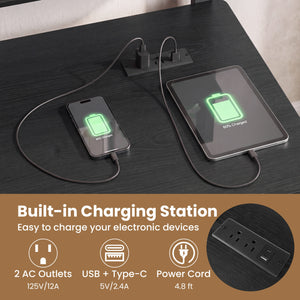 Rolling Computer Desk with Charging Station and Monitor Shelf Storage for Home Office-Black