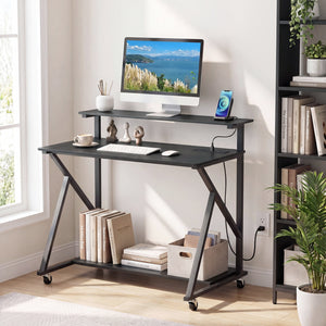 Rolling Computer Desk with Charging Station and Monitor Shelf Storage for Home Office-Black