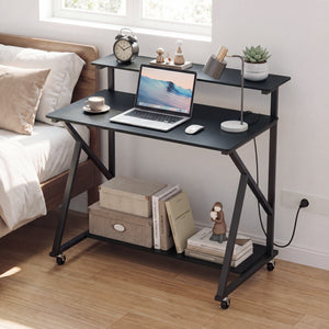 Rolling Computer Desk with Charging Station and Monitor Shelf Storage for Home Office-Black
