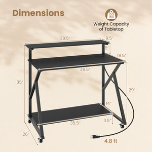 Rolling Computer Desk with Charging Station and Monitor Shelf Storage for Home Office-Black