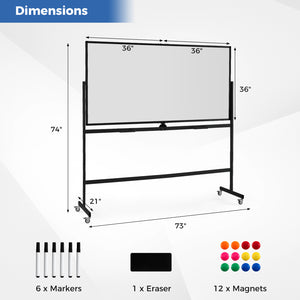 Rolling Double-Sided Magnetic Whiteboard on Wheels with Stand and Aluminum Alloy Frame-Black