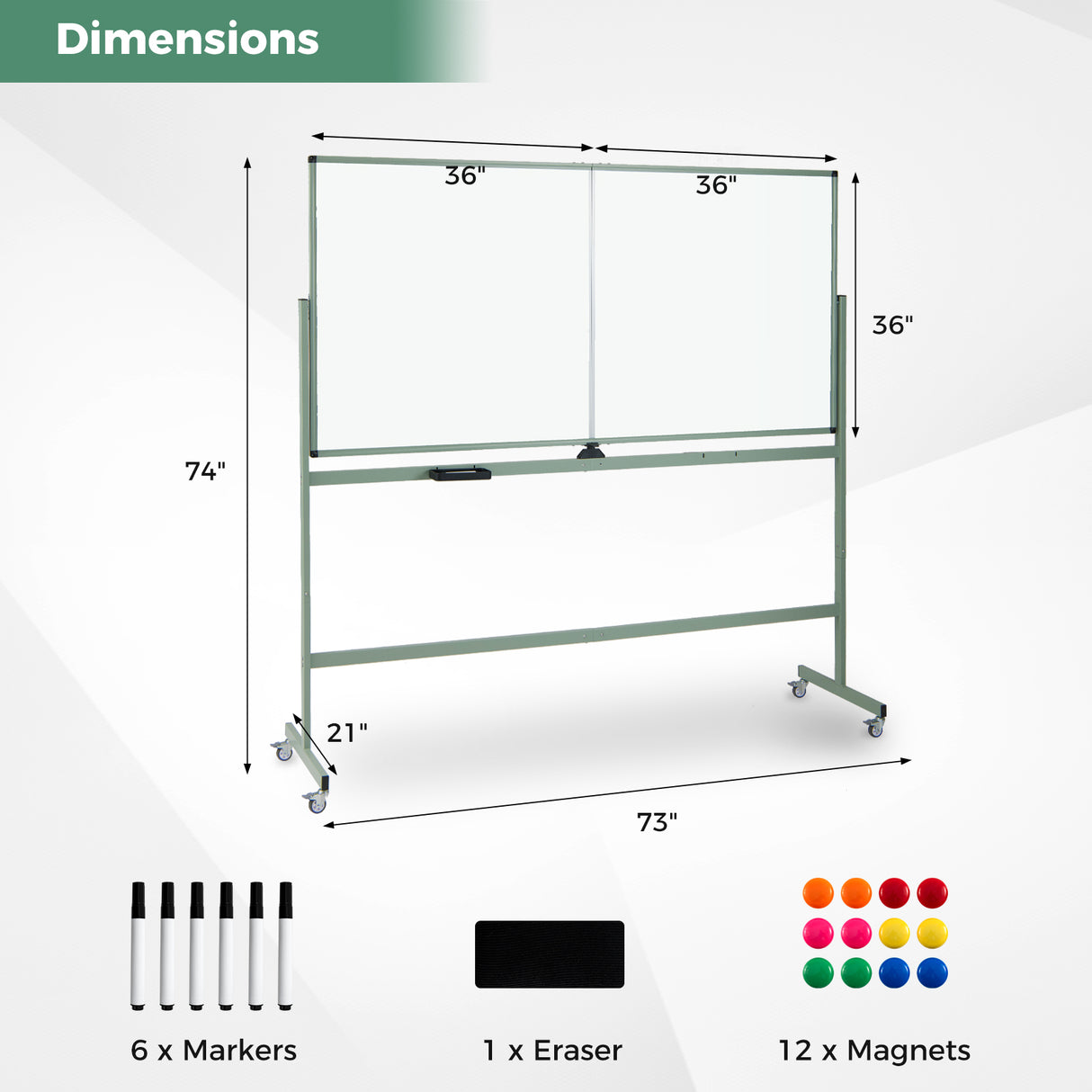 Rolling Double-Sided Magnetic Whiteboard on Wheels with Stand and Aluminum Alloy Frame-Green