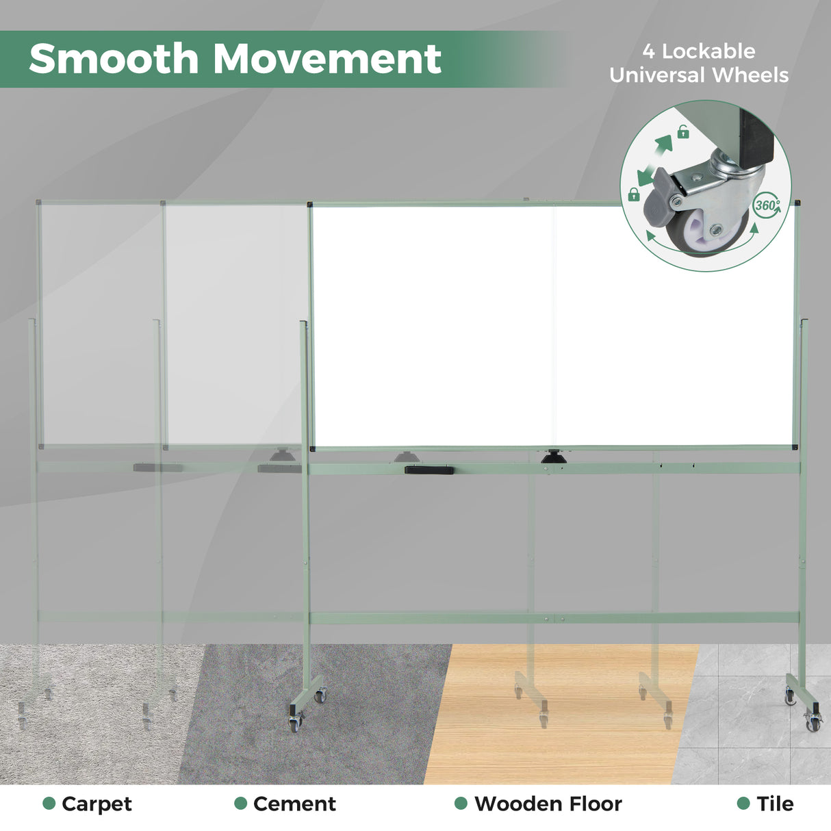 Rolling Double-Sided Magnetic Whiteboard on Wheels with Stand and Aluminum Alloy Frame-Green