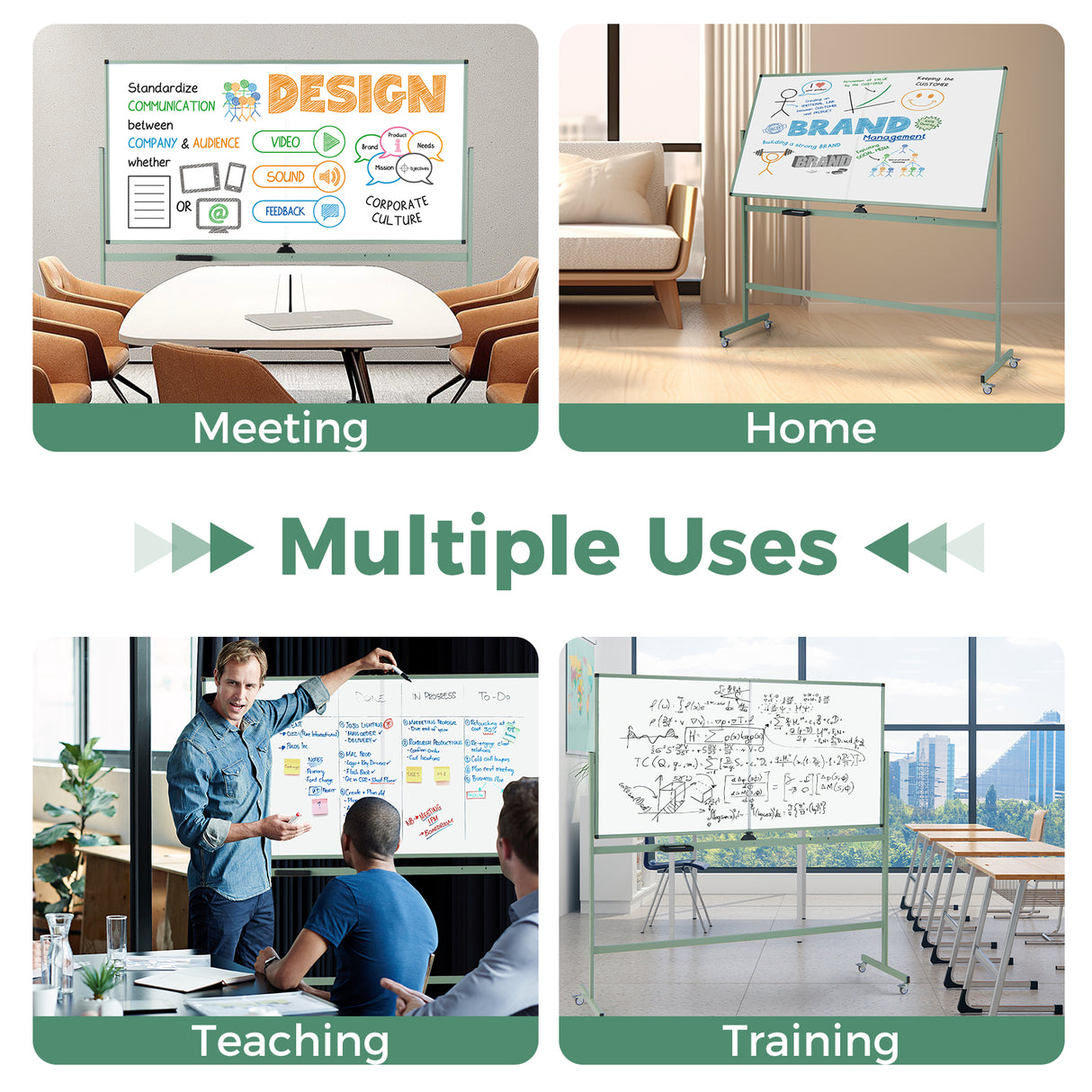 Rolling Double-Sided Magnetic Whiteboard on Wheels with Stand and Aluminum Alloy Frame-Green