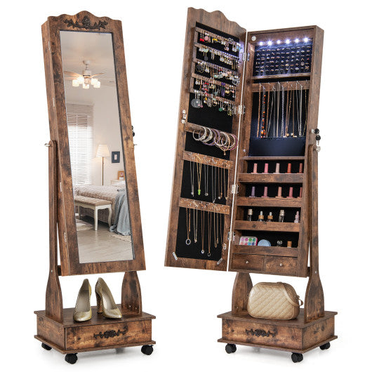 Rolling Floor Standing Mirrored Jewelry Armoire with Lock and Drawers-Rustic Brown