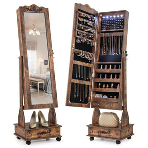 Rolling Floor Standing Mirrored Jewelry Armoire with Lock and Drawers-Rustic Brown