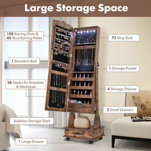 Rolling Floor Standing Mirrored Jewelry Armoire with Lock and Drawers-Rustic Brown