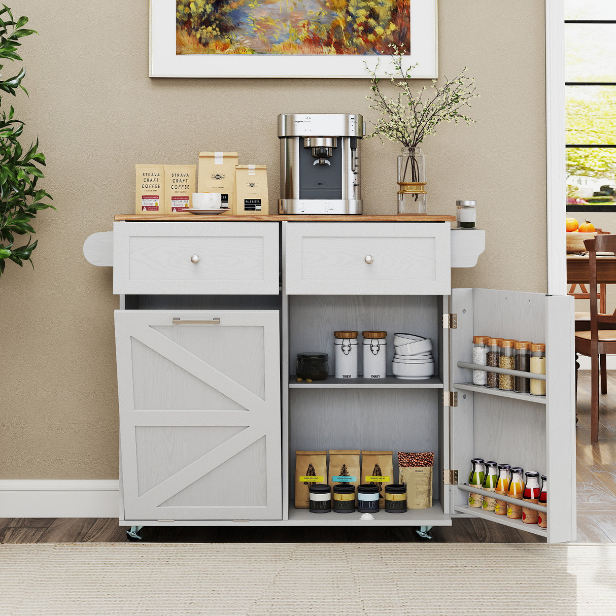 Rolling Kitchen Island with Trash Can Cabinet and Rubber Universal Wheels-Grey