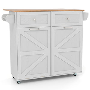 Rolling Kitchen Island with Trash Can Cabinet and Rubber Universal Wheels-Grey