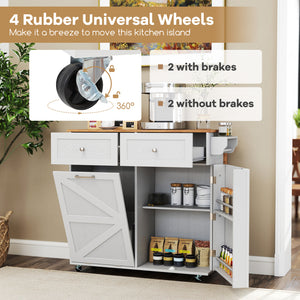 Rolling Kitchen Island with Trash Can Cabinet and Rubber Universal Wheels-Grey