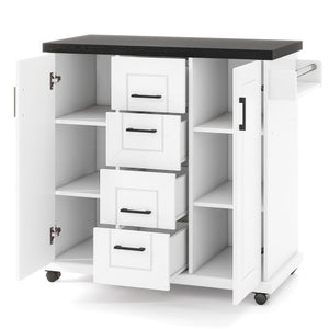 Rolling Kitchen Island Cart on Wheels with Storage Cabinets-White
