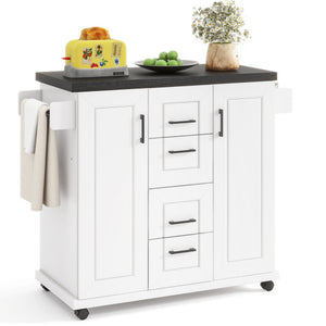 Rolling Kitchen Island Cart on Wheels with Storage Cabinets-White