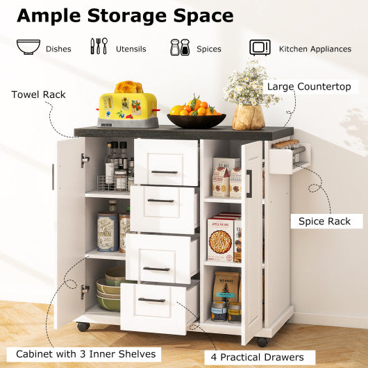 Rolling Kitchen Island Cart on Wheels with Storage Cabinets-White