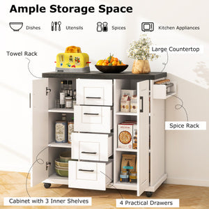 Rolling Kitchen Island Cart on Wheels with Storage Cabinets-White