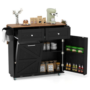 Rolling Kitchen Island with Trash Can Cabinet and Rubber Universal Wheels-Black