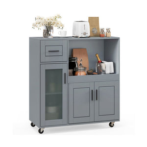 Rolling Kitchen Island with Wheels Drawer and Glass Door Cabinet-Gray