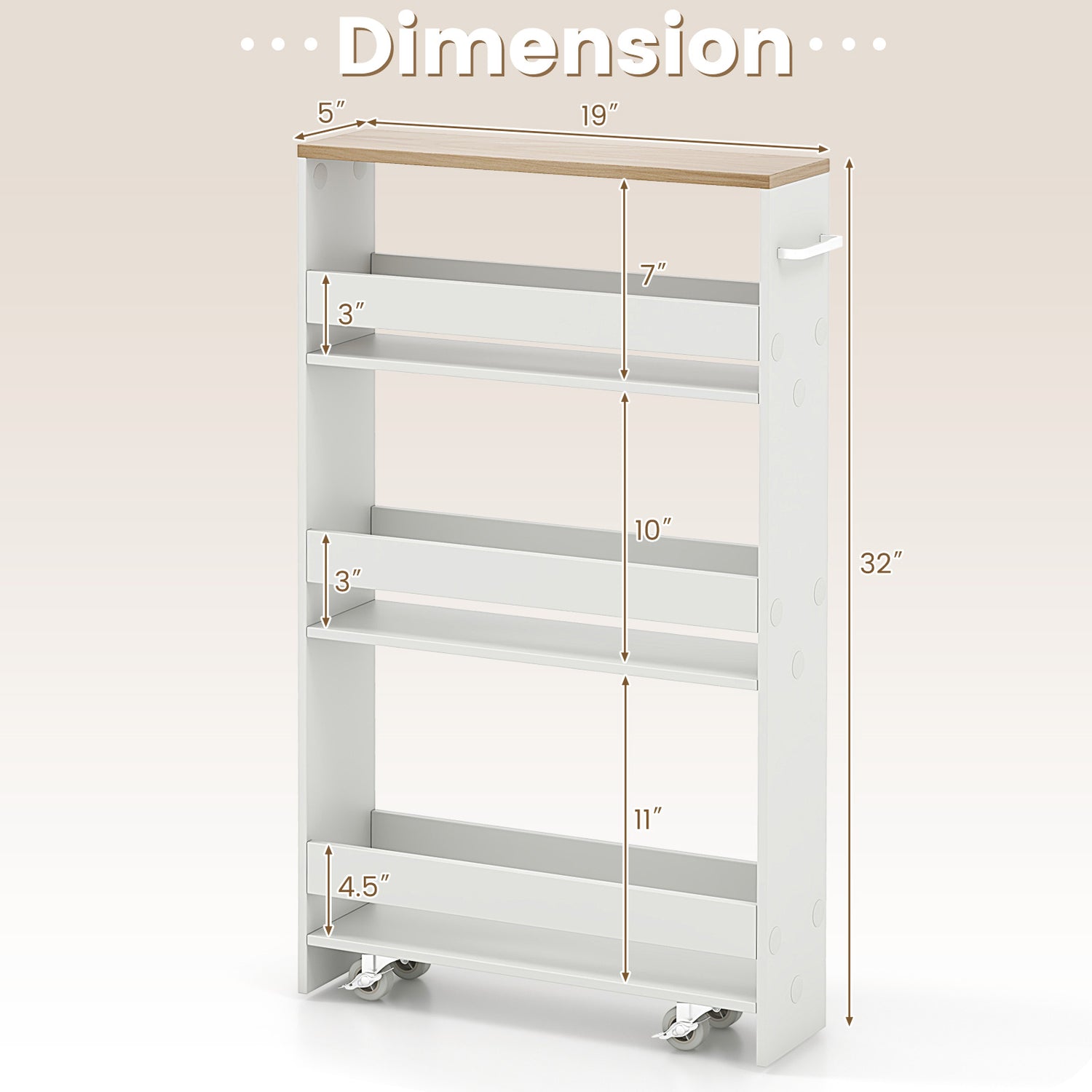 Narrow Mobile Serving Cart with Open Shelves for Kitchen Bathroom Living Room-White