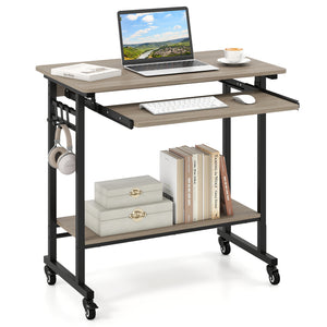 Rolling Laptop Table with Pull-out Keyboard Tray and Hooks-Grey