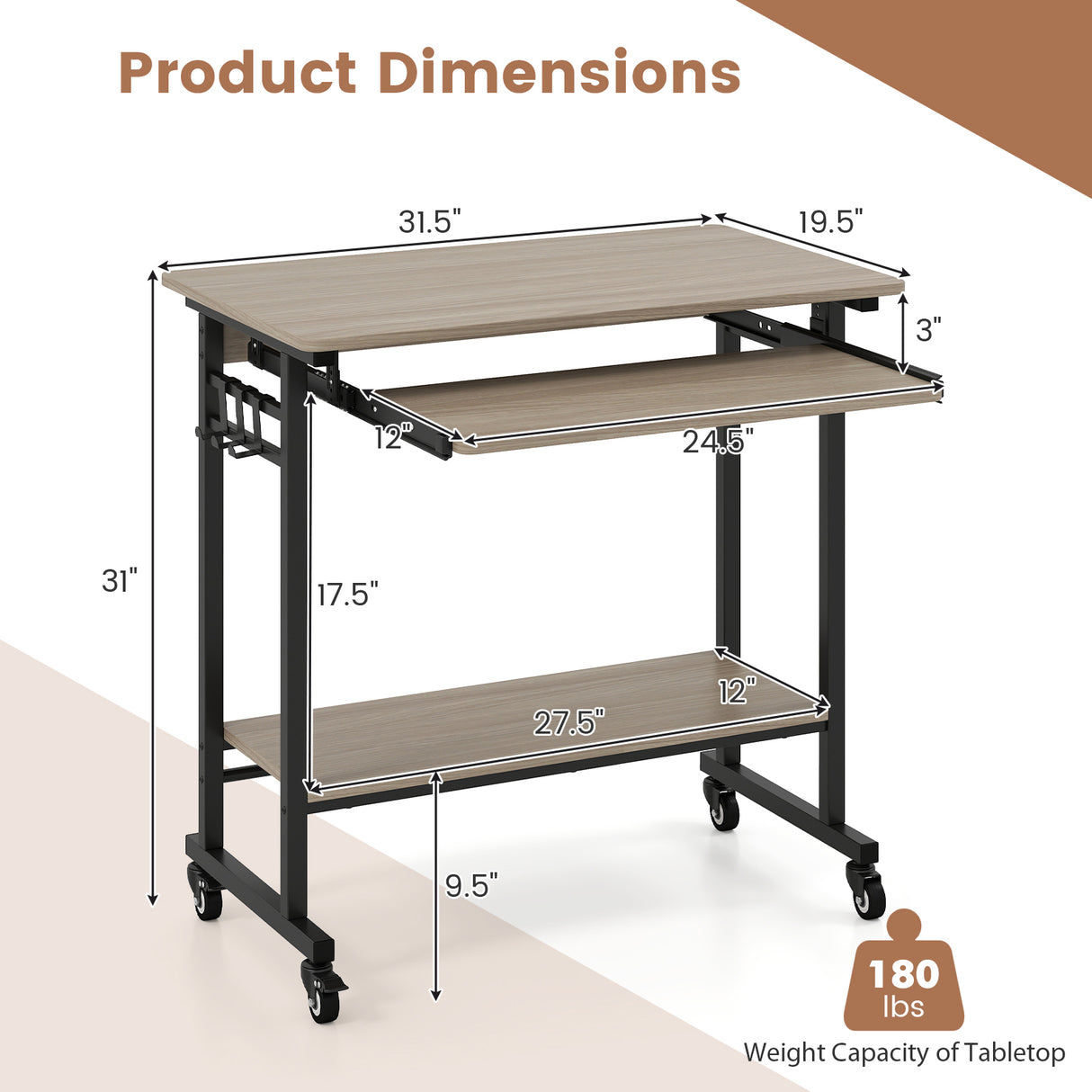 Rolling Laptop Table with Pull-out Keyboard Tray and Hooks-Grey