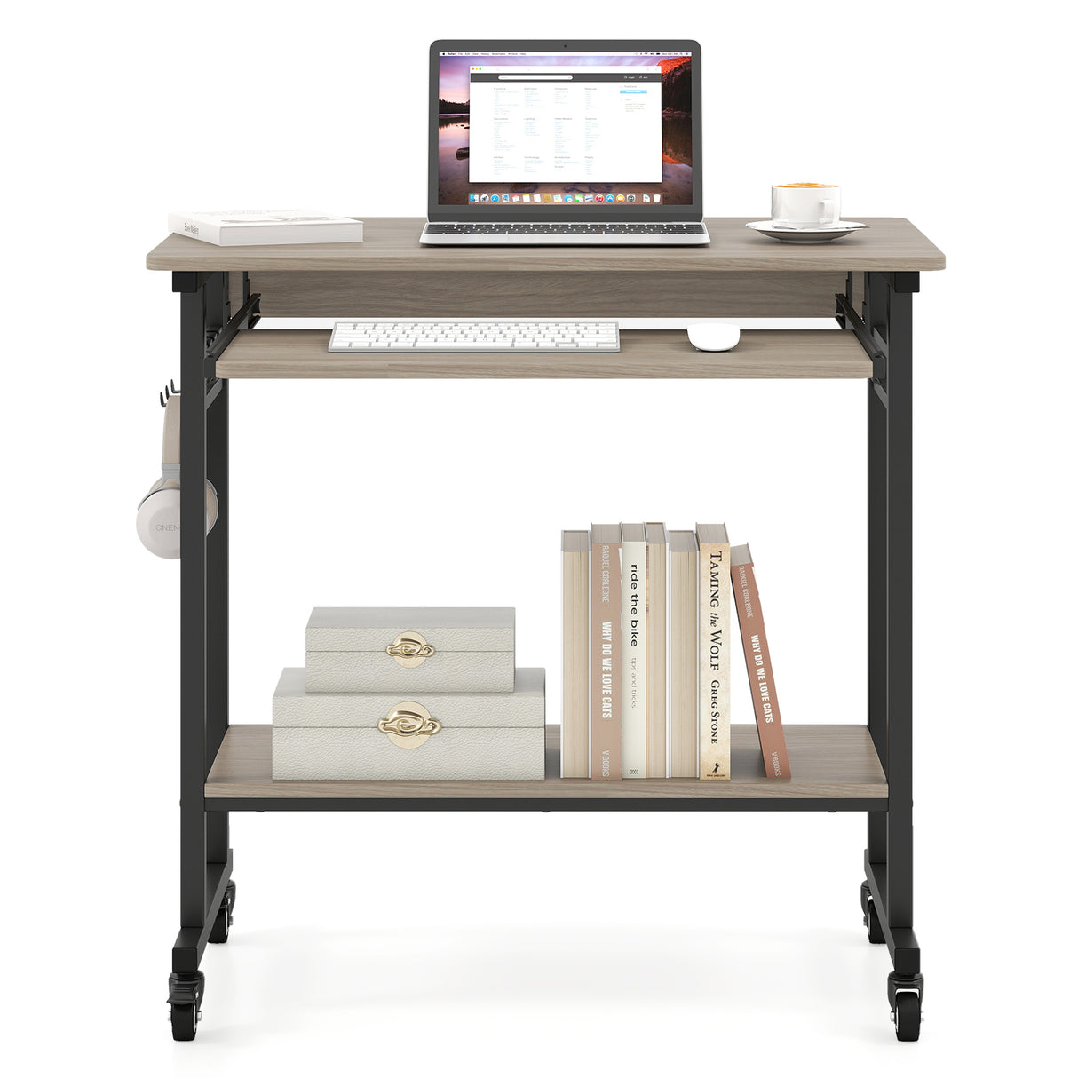 Rolling Laptop Table with Pull-out Keyboard Tray and Hooks-Grey