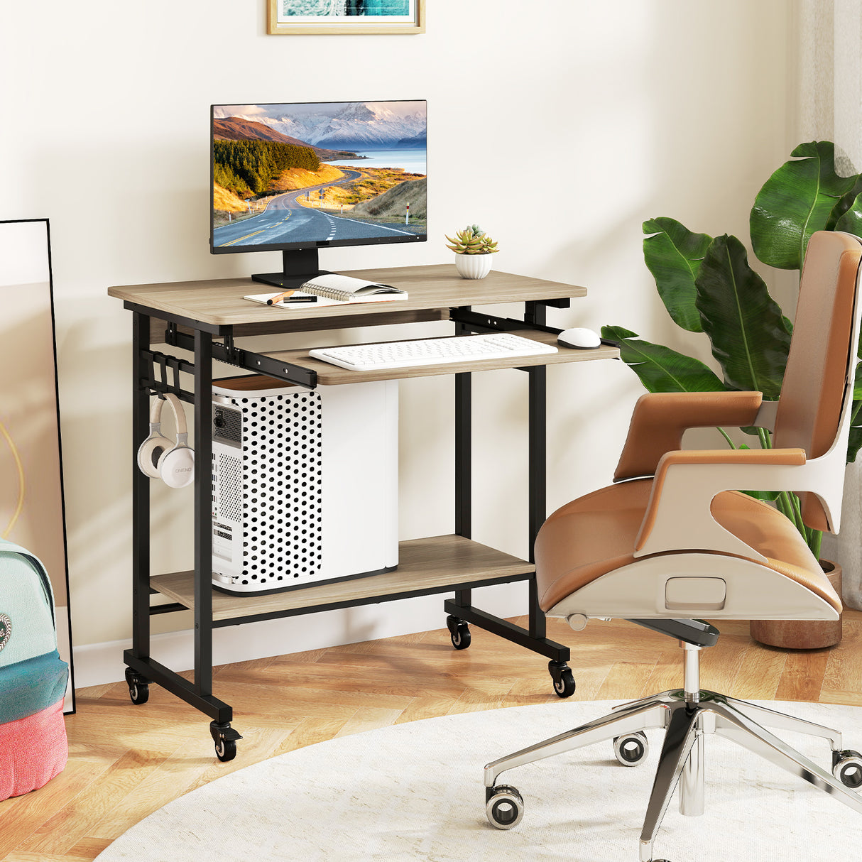 Rolling Laptop Table with Pull-out Keyboard Tray and Hooks-Grey