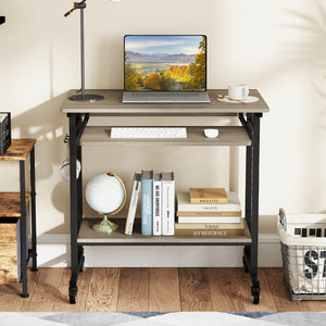 Rolling Laptop Table with Pull-out Keyboard Tray and Hooks-Grey
