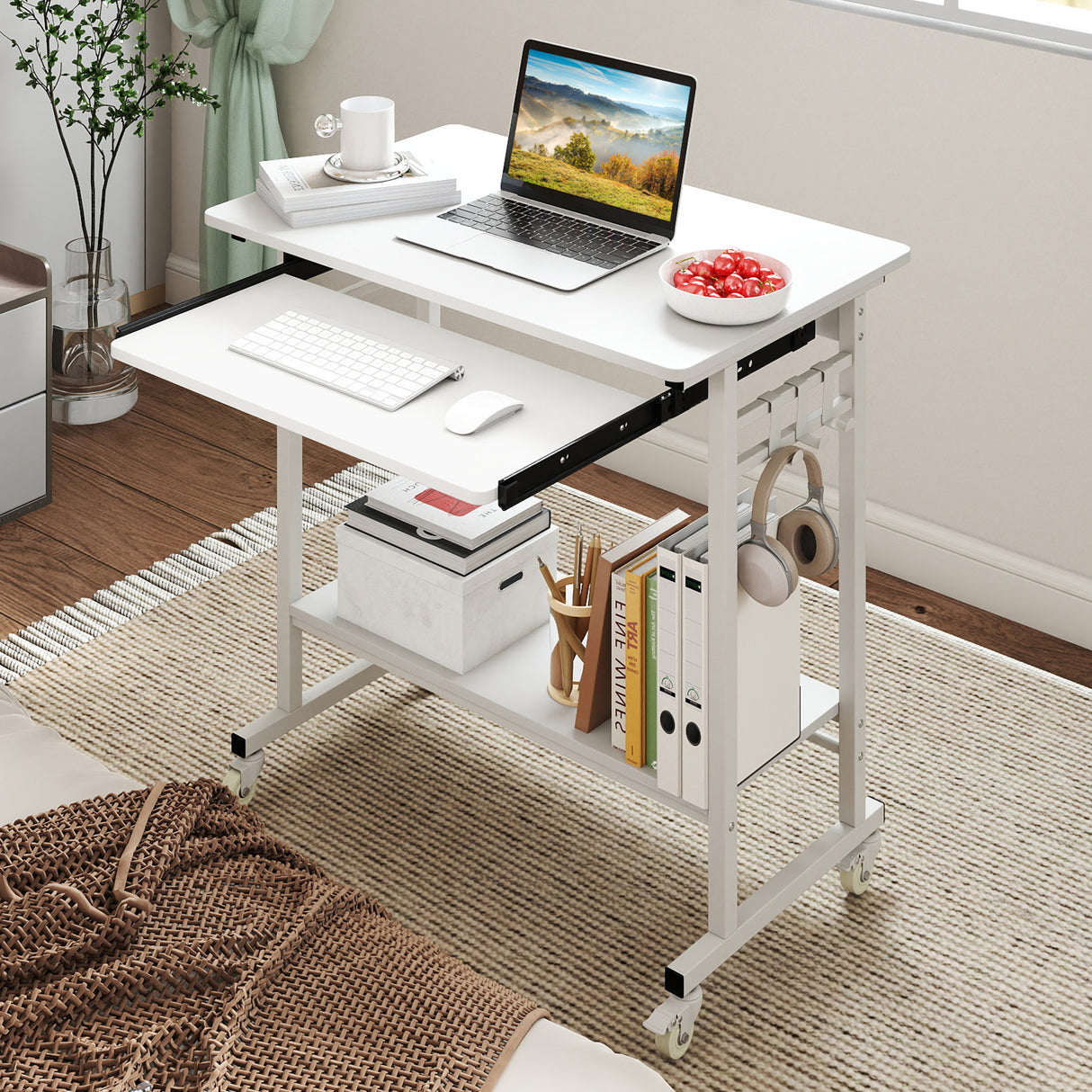Rolling Laptop Table with Pull-out Keyboard Tray and Hooks-White