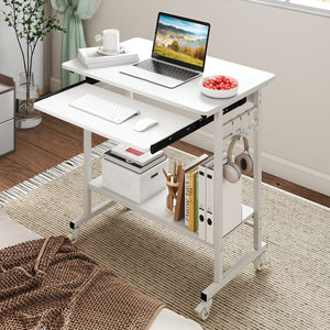 Rolling Laptop Table with Pull-out Keyboard Tray and Hooks-White