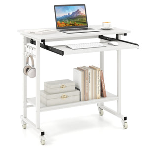 Rolling Laptop Table with Pull-out Keyboard Tray and Hooks-White