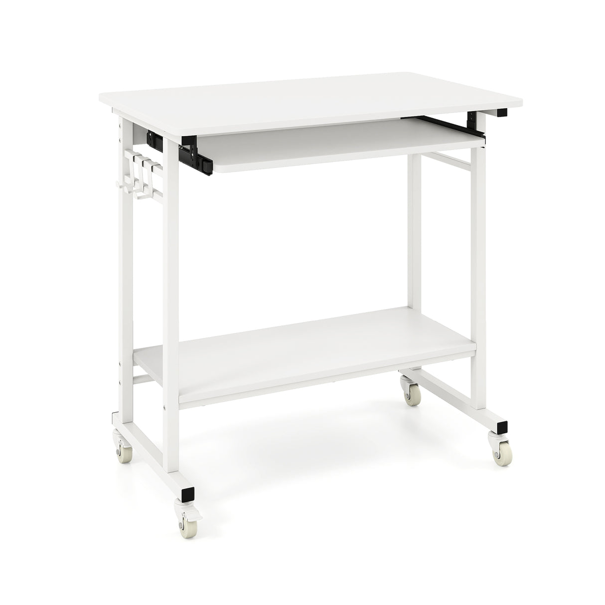 Rolling Laptop Table with Pull-out Keyboard Tray and Hooks-White