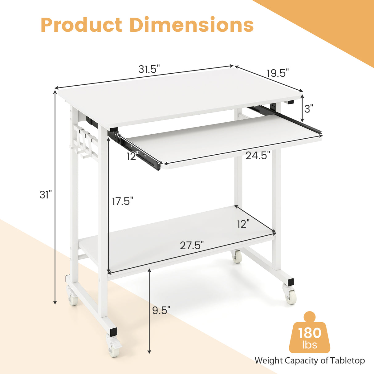Rolling Laptop Table with Pull-out Keyboard Tray and Hooks-White