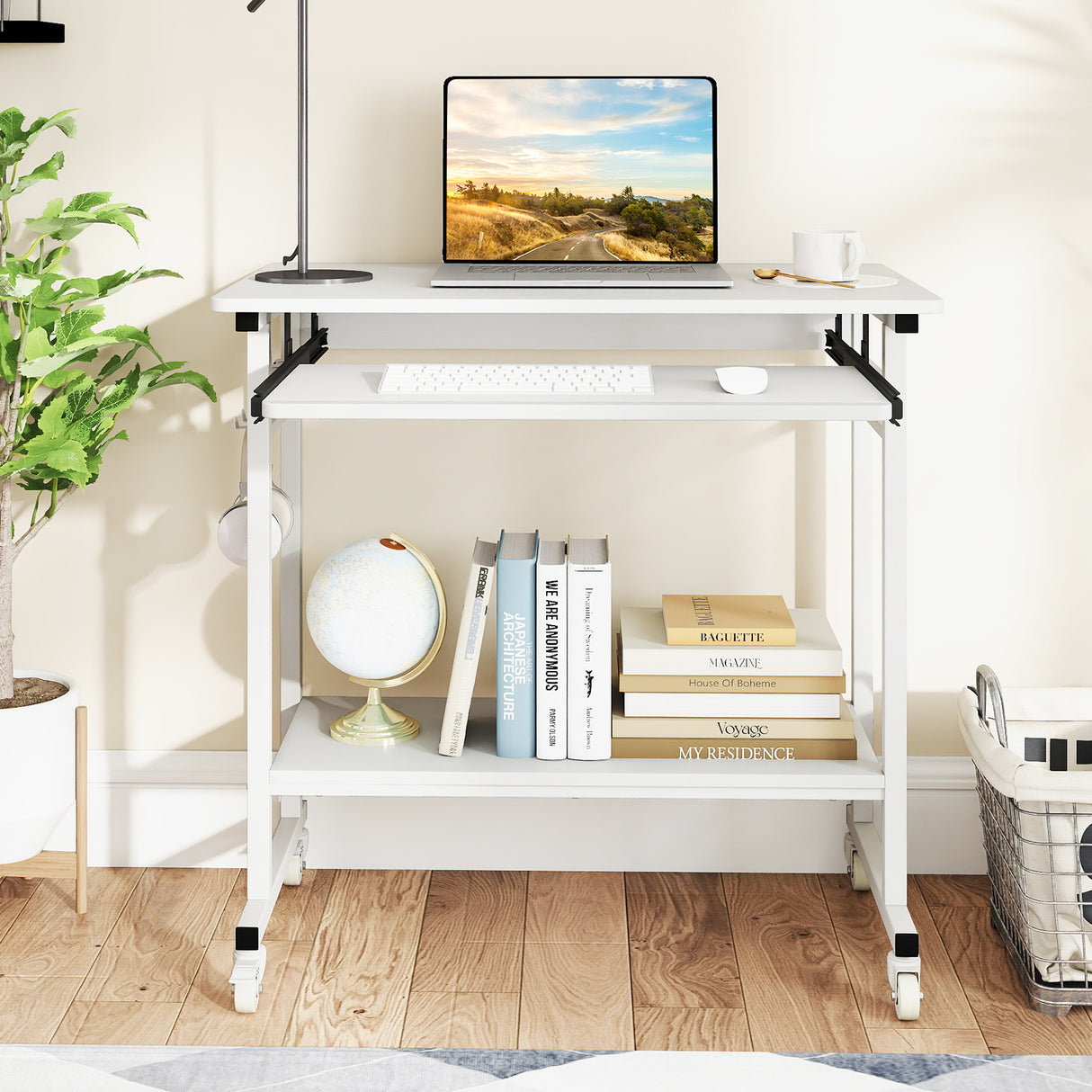 Rolling Laptop Table with Pull-out Keyboard Tray and Hooks-White
