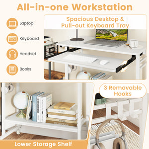 Rolling Laptop Table with Pull-out Keyboard Tray and Hooks-White
