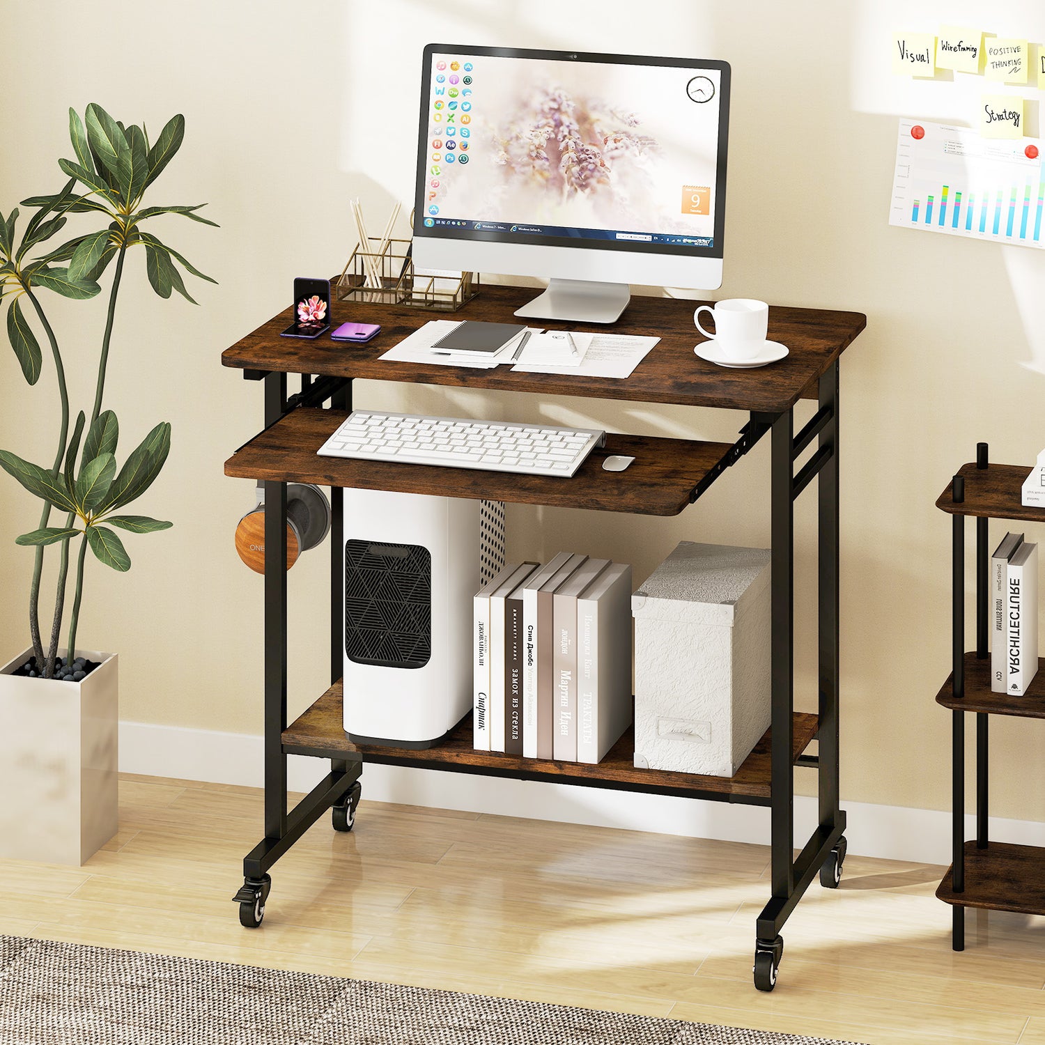 Rolling Laptop Table with Pull-out Keyboard Tray and Hooks-Rustic Brown