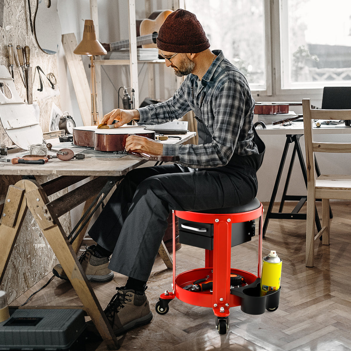 Rolling Mechanic Stool with Removable Padded Seat and Drawers-Red